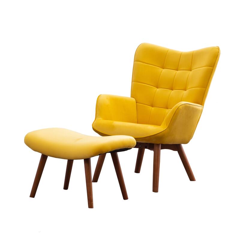 Yellow Modern 33" Polyester Button Tufted Accent Chair with Ottoman and Tapering Wood Dowel Legs