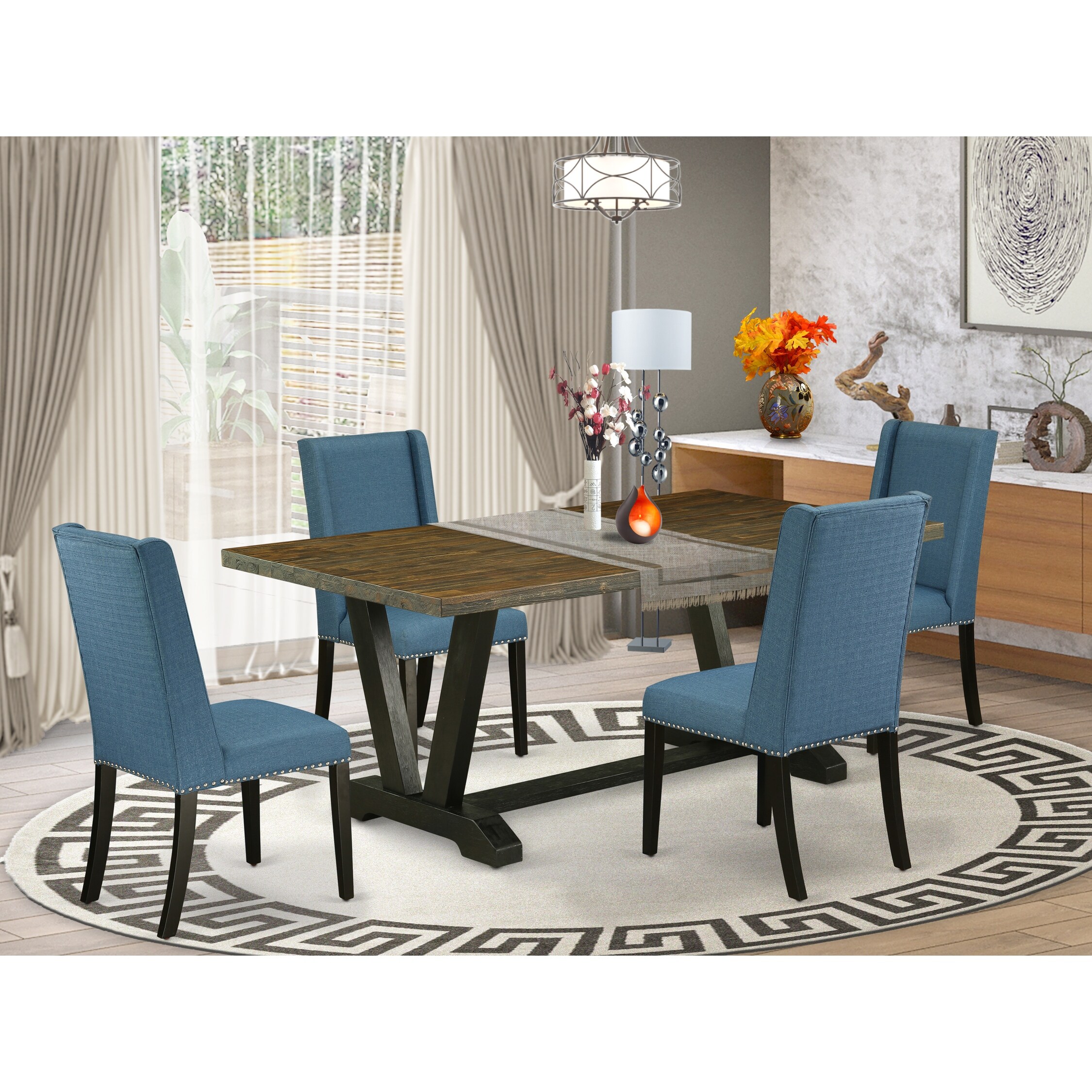 V677fl121 5 5 Piece Kitchen Table Set An Distressed Jacobean Dining Table And 4 Linen Fabric Dining Chairs With Nail Heads Overstock 32845760