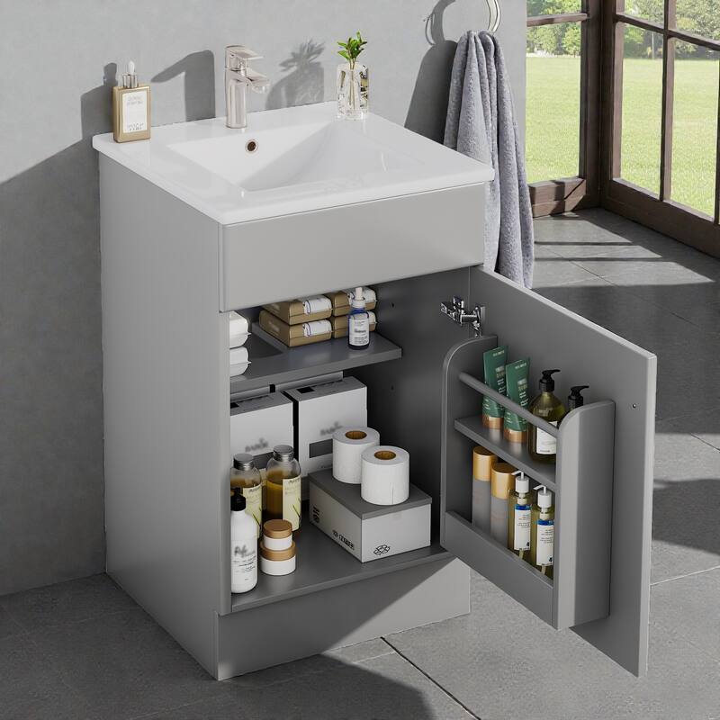 20 Inch Bathroom Vanity with Ceramic Sink, Freestanding Cabinet with Door Shelf and Adjustable Interior Shelf