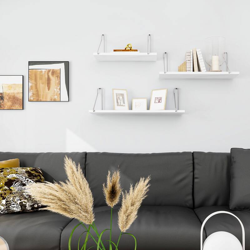 Floating Shelves for Wall with Silver Metal Brackets White for Bedroom Living Room - 23.62 x 5.91 x 5.91 inch