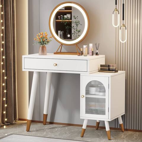White Vanity with Lighted Mirror, Makeup Dressing Table Set Dresser Desk with Lights
