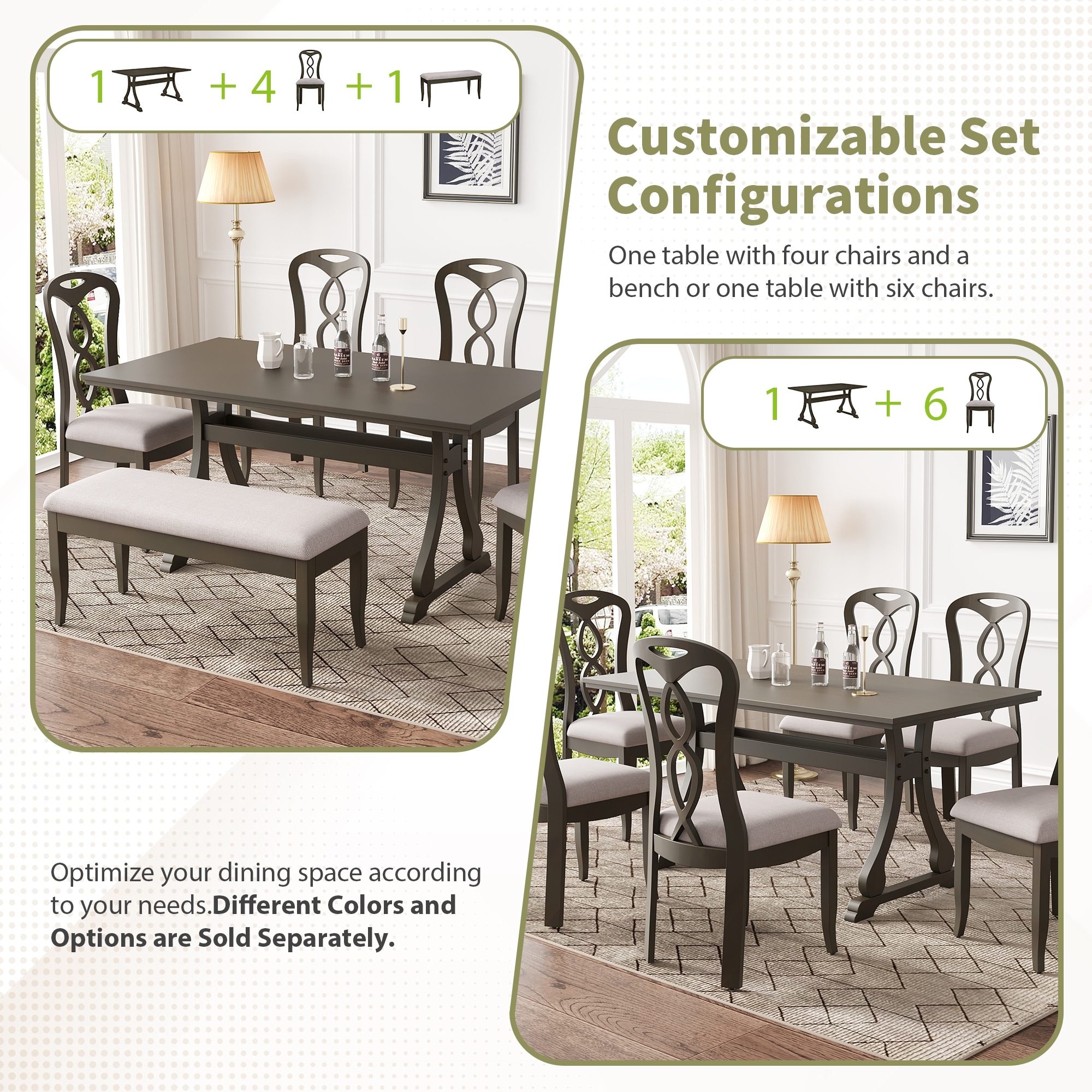 Boho Rectangular Dining Table Set of 6, Upholstered Bench, High