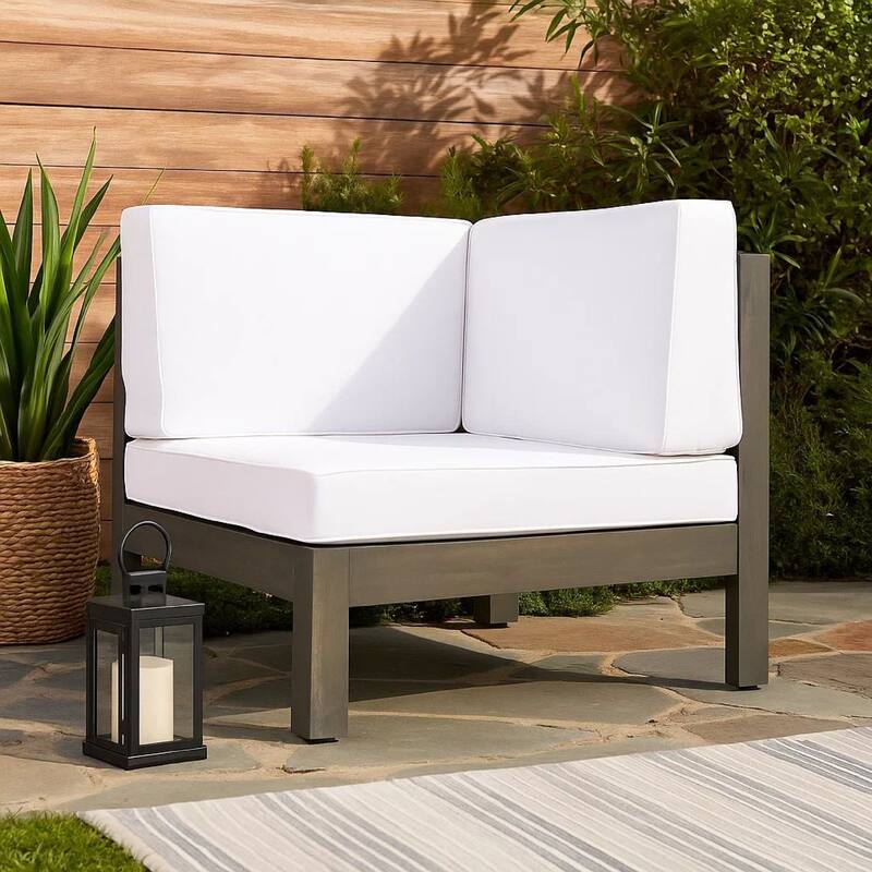 Lizzie Outdoor Corner Chair, Cross Back, White Fabric, Dark Gray Wood