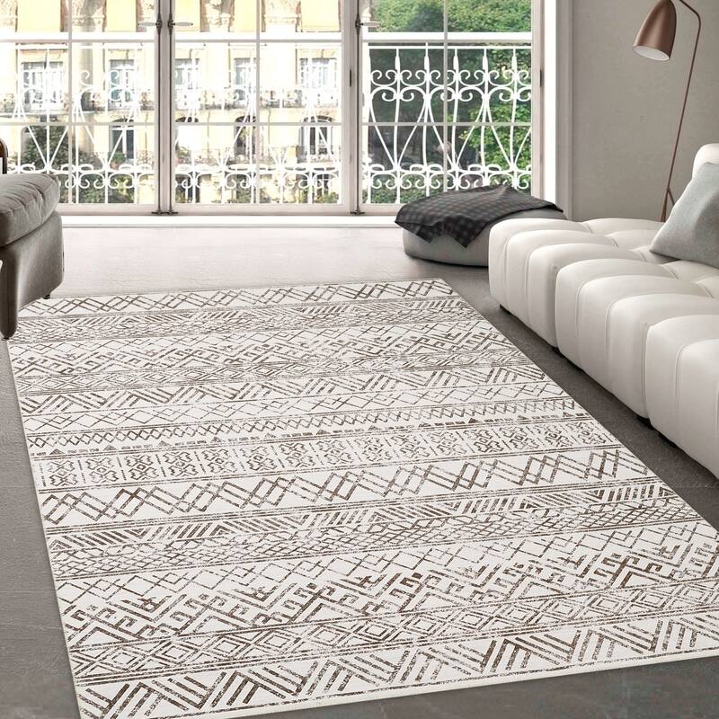 Garvee Boho Area Rug Moroccan Accent Rugs Geometric Distressed Carpet - 8' x 10' - Beige Brown