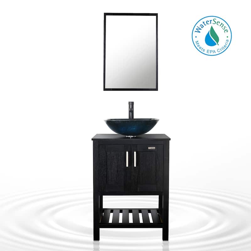 24" Bathroom Vanity Black Set Tempered Glass Ceramics Vessel Sink Cabinet Mirror Faucet Drain Free-standing Combo - ocean blue square sink