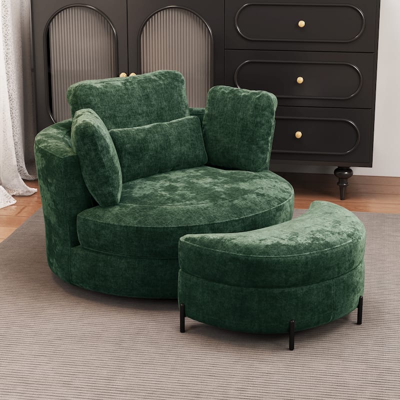 Modern Chenille 360° Swivel Accent Barrel Chair and Storage Ottoman - Green