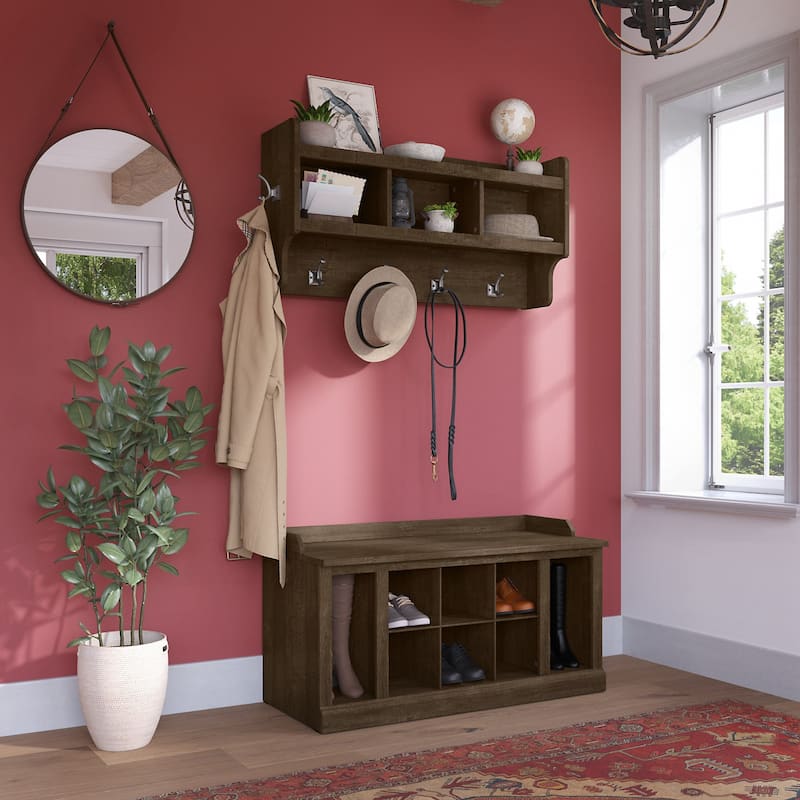 Woodland 40W Shoe Bench w/ Shelves & Wall Coat Rack by Bush Furniture - Ash Brown