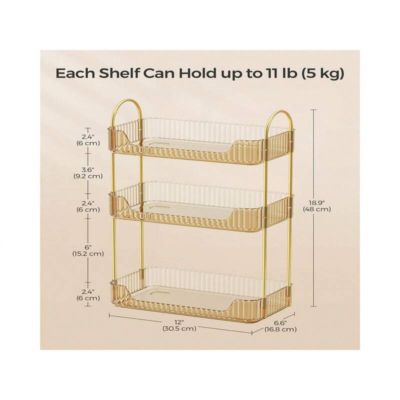 3-Tier Vertical Makeup Storage Organizer with Plated Metal Frame and Handle - 6.6”D x 12”W x 18.9”H