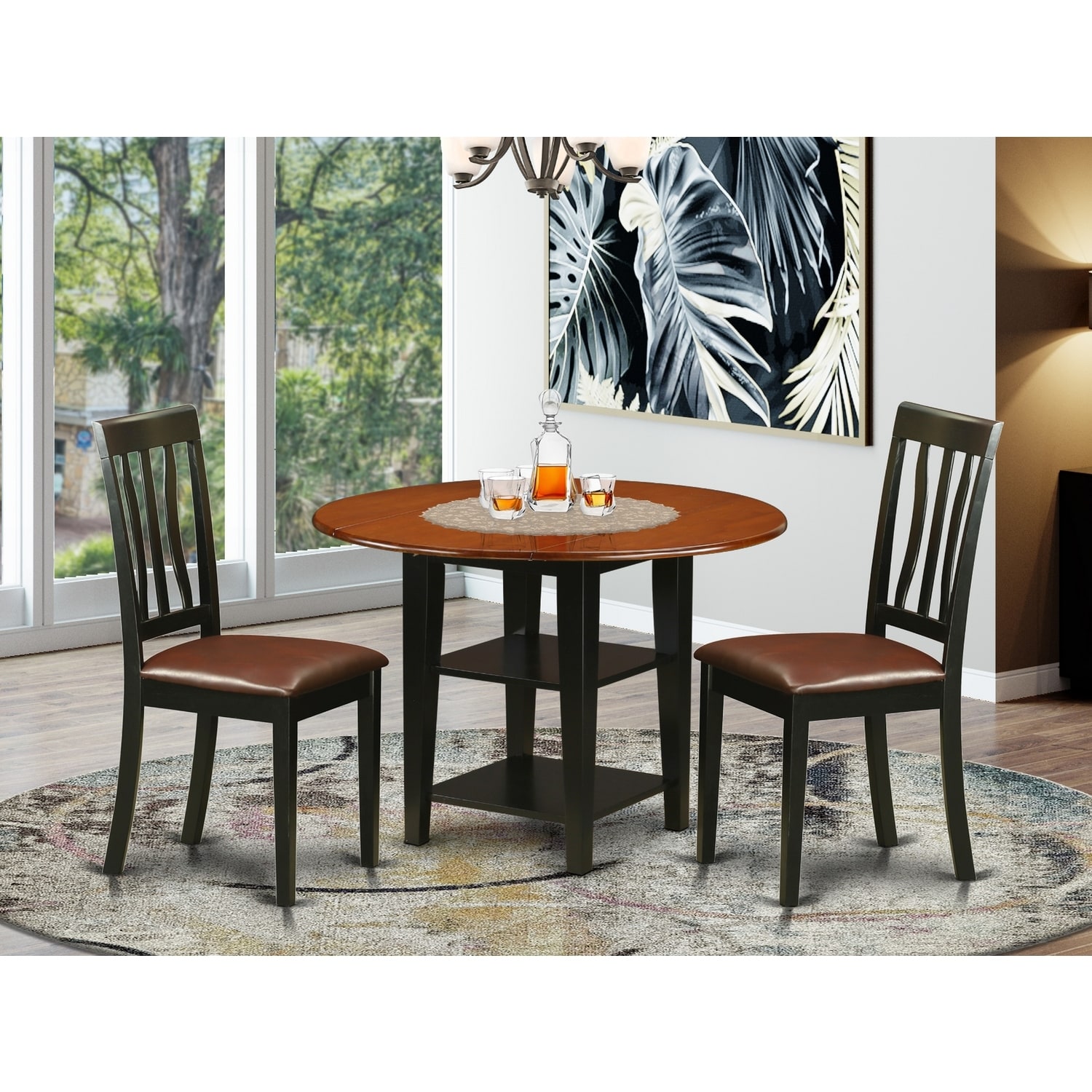 HomeStock 3-Piece Black and Cherry Finish Round Solid Wood Top Dining Table Set