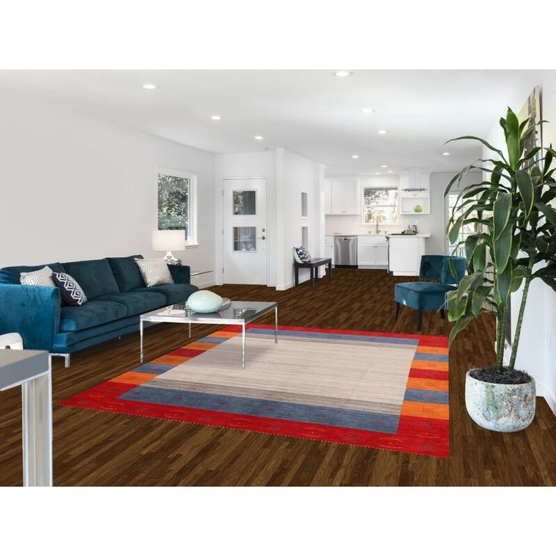 Hand Knotted Oriental 100% Wool Carpet Tribal Bordered Beige & Ivories Gabbeh Area Rug - 7' 11'' X 6' 6''