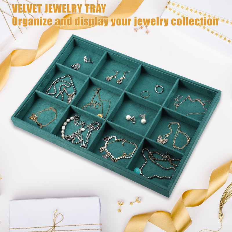 12 Grid Jewelry Tray Stackable for Rings Earrings Necklace Bracelet - Dark Green