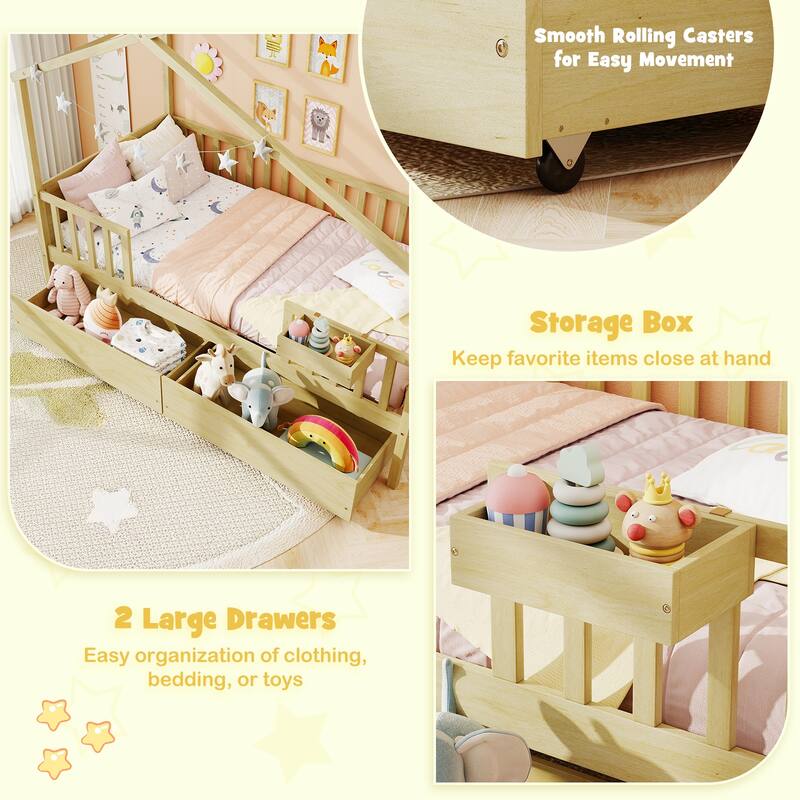 Gymax Twin House Bed w/ 2 Storage Drawers Roof & Fence Rails Headboard