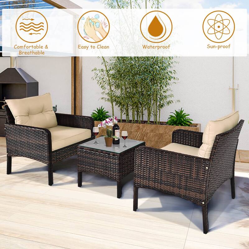 Costway 3 PCS Patio PE Wicker Furniture Set with Cushions and Tempered - See Details