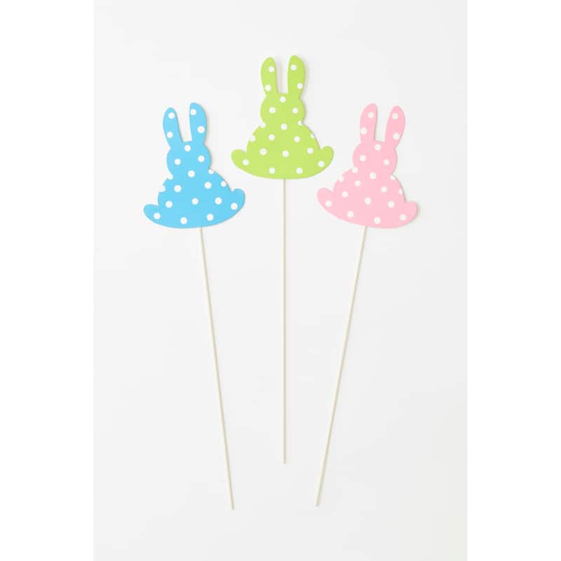 5" Polka Dot Easter Bunny on 12" Metal Pick, 3 Assorted Set of 6 pieces - 16