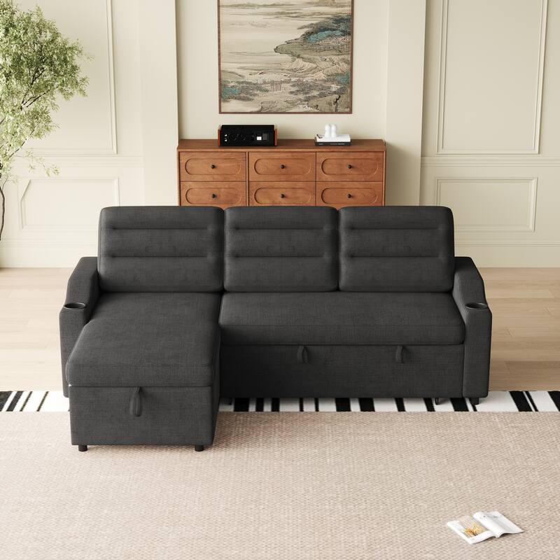 83.5-Inch Sofa Bed with Cup Holder - Polyester Sleeper Sofa for Small Spaces