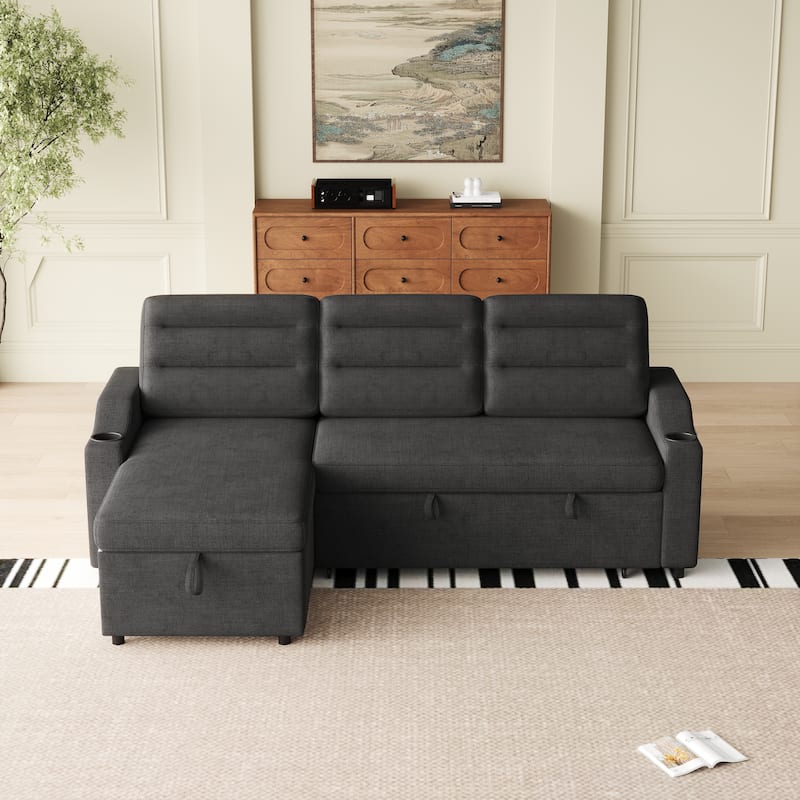Multi-Position Sofa Bed with Pull-Out Sleeper, Chaise, and Storage for Living Room