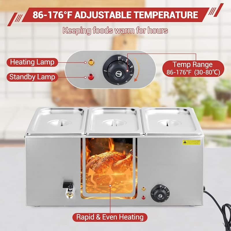 21 QT Electric 3-Pan Commercial Food Warmer Buffet, Countertop Steam Table - N/A