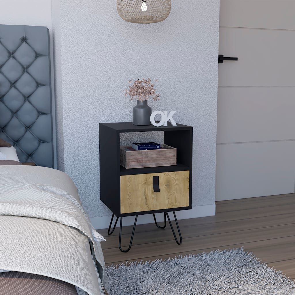 Nightstand 24"H , Sleek Design with Hairpin Legs and One Drawer, Black / Macadamia