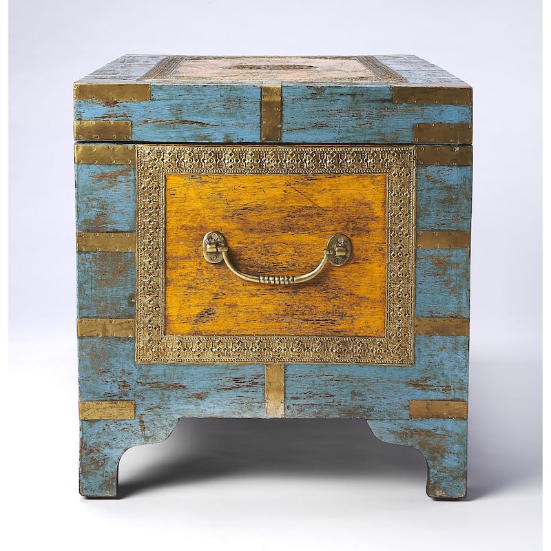 Nador Hand-Painted Brass Inlay Storage Trunk Coffee Table