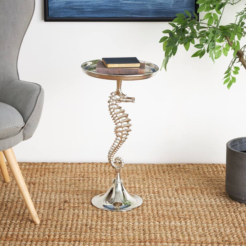 Aluminum Metal Sea Horse Pedestal Side End Accent Table with Tray Top - Silver or Gold - Roche River Decor