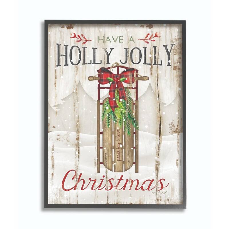 Stupell Holly Jolly Christmas Sleigh Wood Texture Holiday Word Design Framed Wall Art, Proudly Made in USA