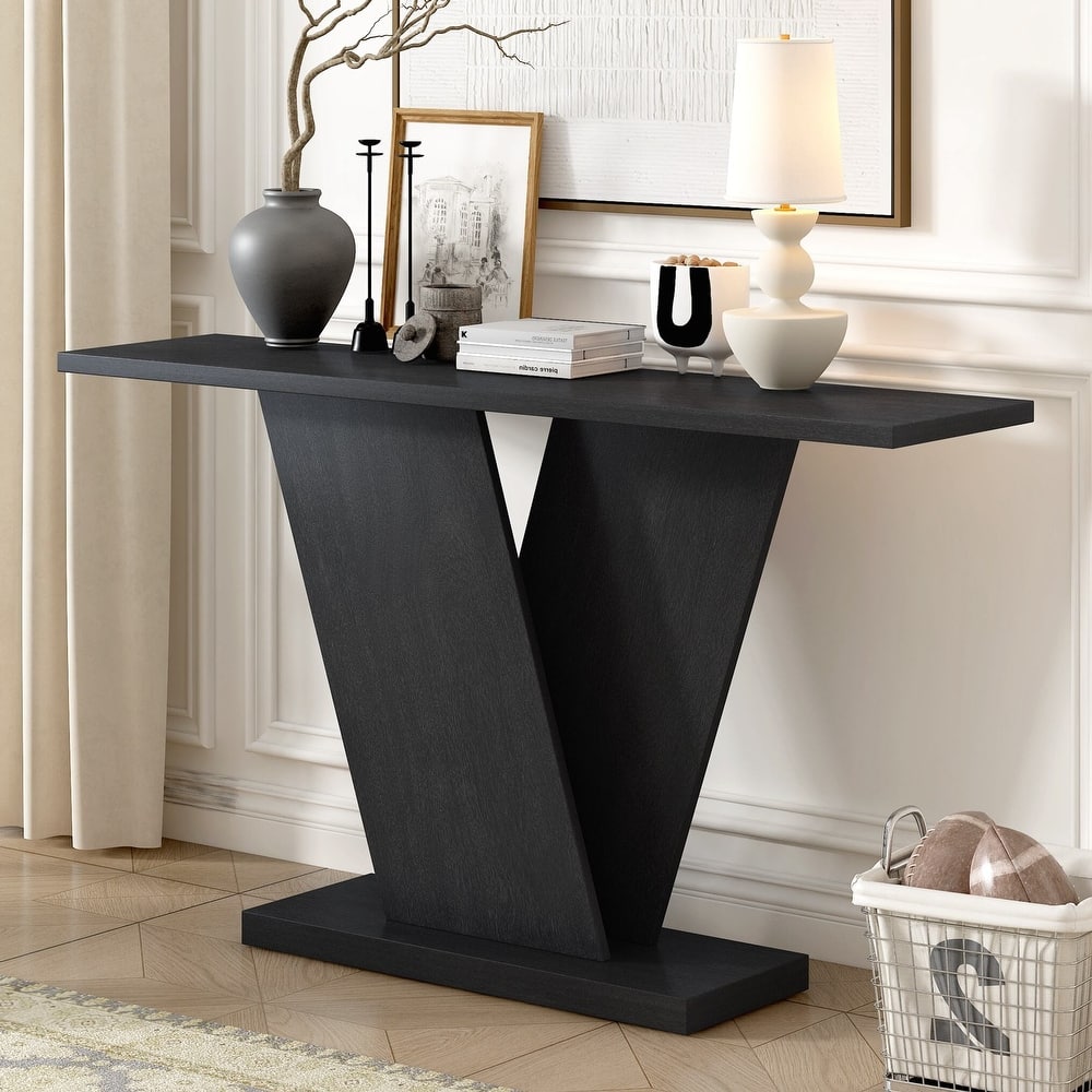 Console Table with Natural Wood Veneer,V-Base Design for Classic Versatility ,Perfect for Displaying Your Favorite Items