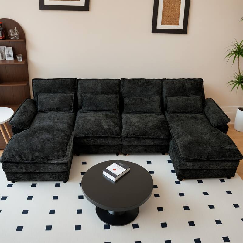Symmetrical U-shaped Chaise Sectional Sofa, Comfy Chenille Upholstered Couch with Double Layer Seat Cushions and Waist Pillows