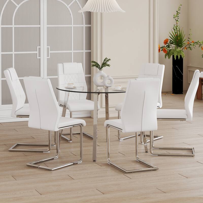 7-Piece Dining Table Set for 6, Round Glass Dining Table Set with 6 Faux Leather Chair for Family Dining Areas