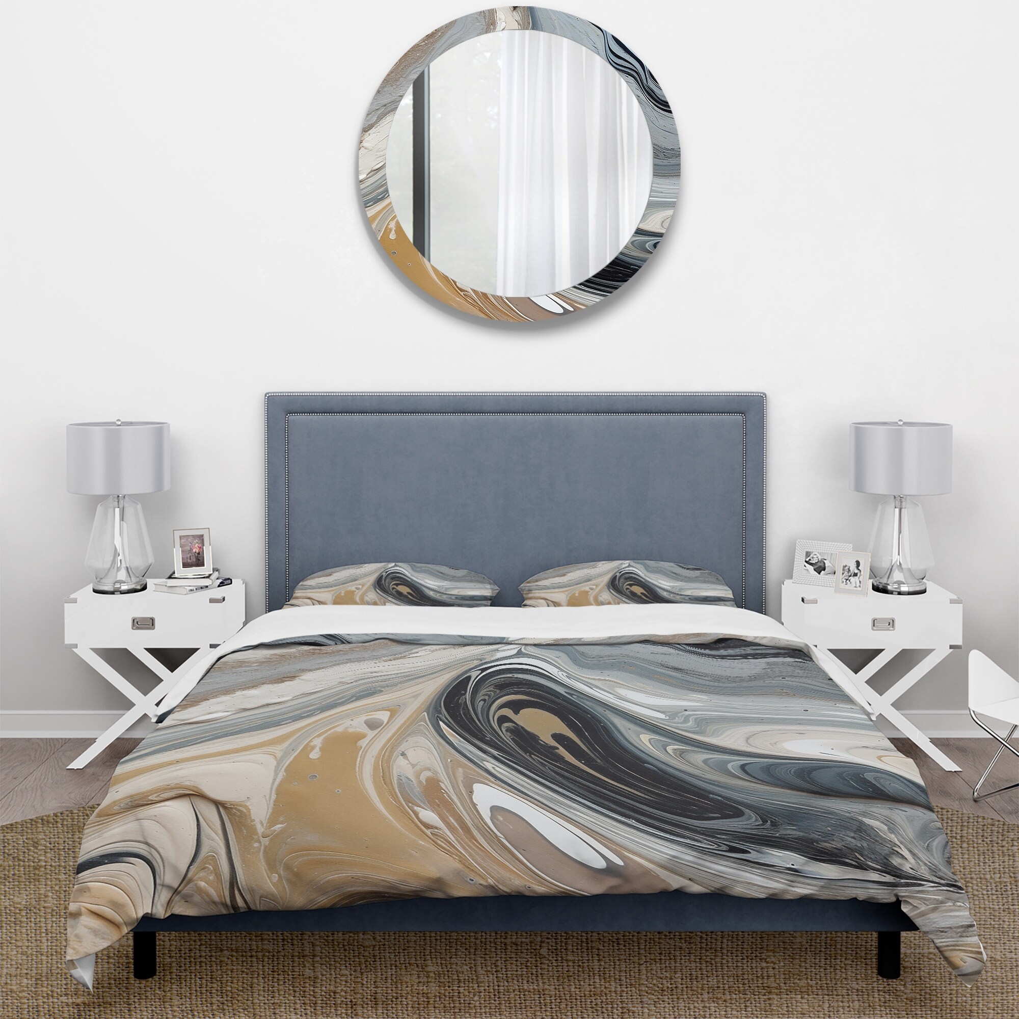 Designart - Grey Black Aqua Symphony - Abstract Bedding Cover Set - Modern  Bed Sets With Shams, image size:2000x2000