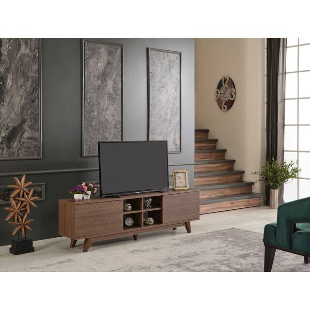 Laydi Mid Century Modern Tv Stand 2 Door Cabinet 4 Cubby Hole Shelves 