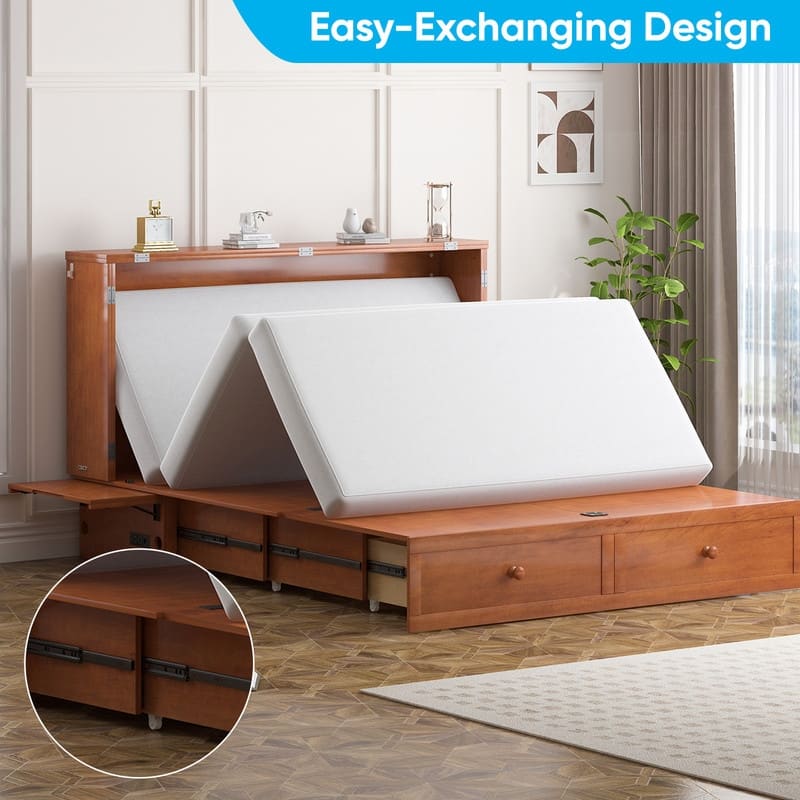 Mixoy Modern Queen Murphy Bed Chest with Mattress and USB ports