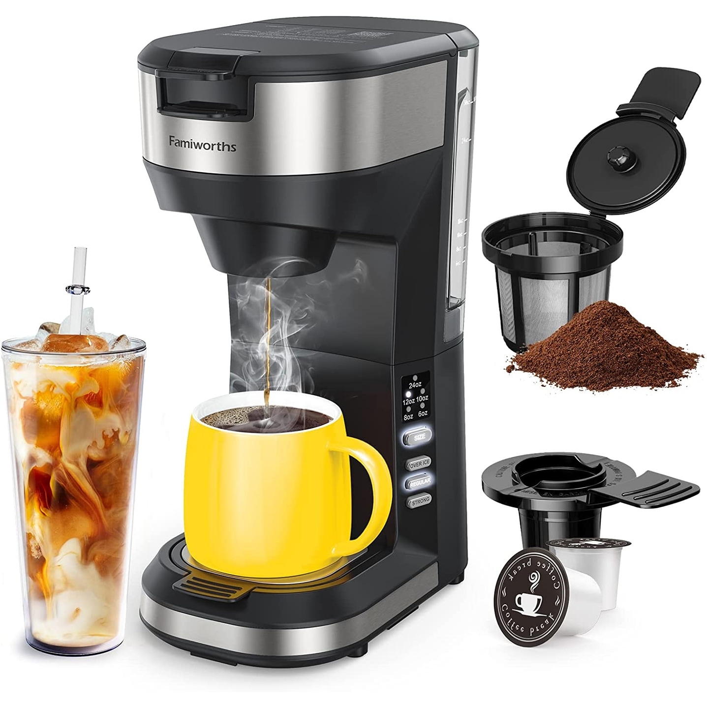 Hot and Iced Coffee Maker for K Cups and Ground Co...