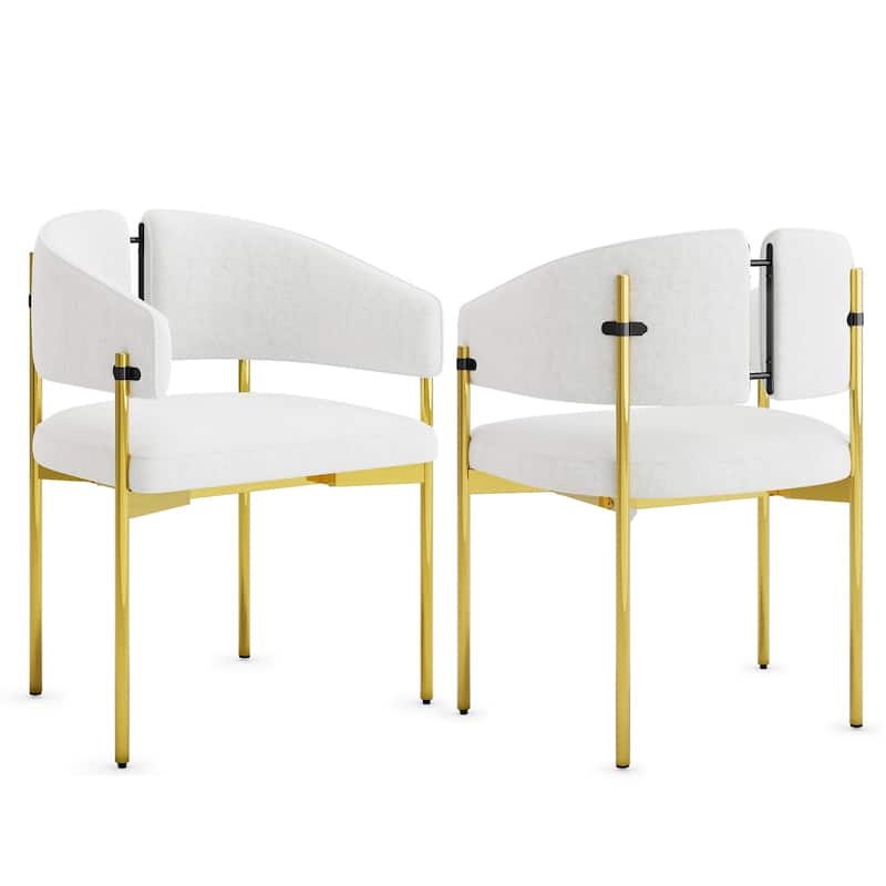 Classic and Luxurious Barrel Dining Chairs with Arms - Set of 2 - Polished Gold And White