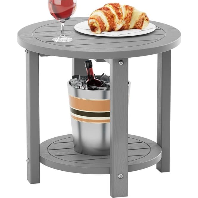 WINSOON Outdoor Side Table for Patio 16in HIPS Small Round Outdoor End Table - 2-Tier