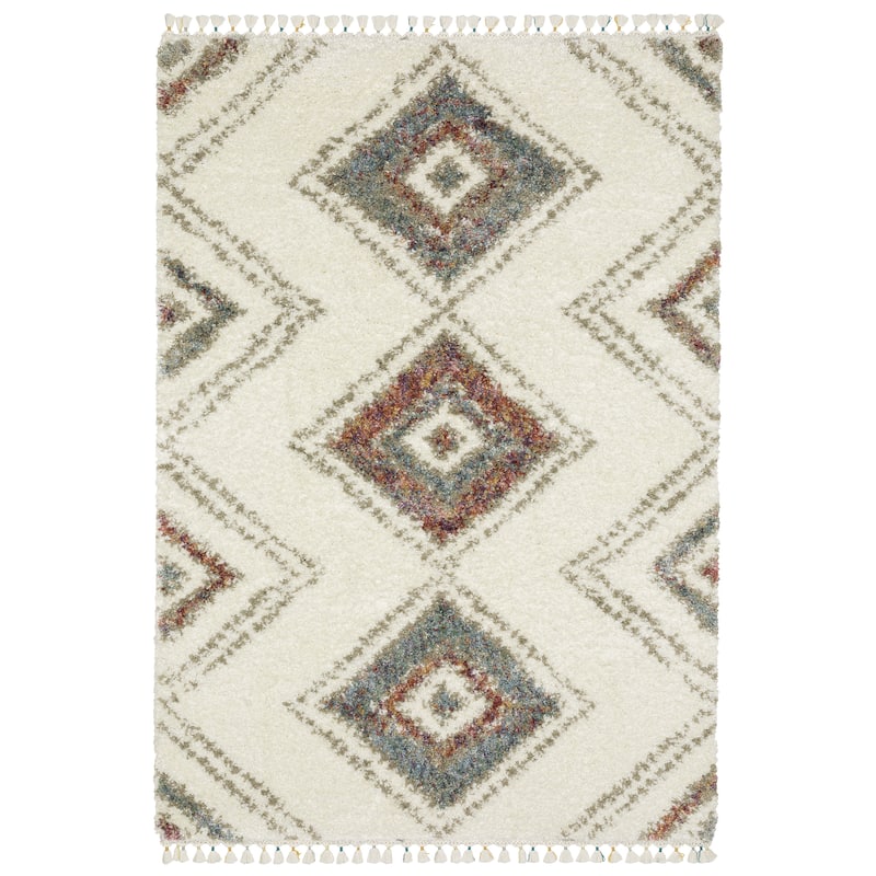 Style Haven Aire Southwest Diamond Ivory/ Multi Shag Tassel Fringe Area Rug.
