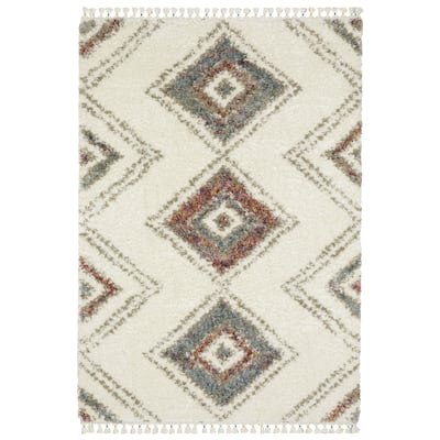Style Haven Aire Southwest Diamond Ivory/ Multi Shag Tassel Fringe Area Rug.
