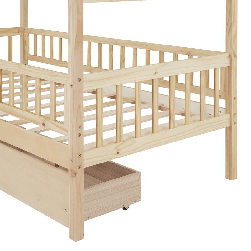 Playhouse Bed with Fence & Roof for Kids, Teens, Boys or Girls, Wooden Storage Bed Frame with Two Drawers, No Box Spring Needed