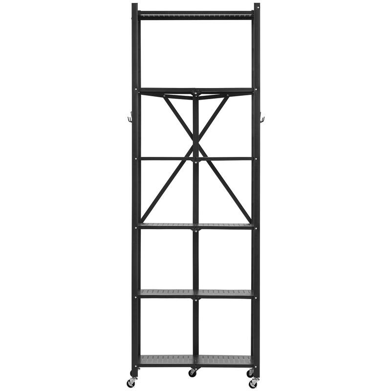 Black Carbon Steel 6 Tier Folding Storage Shelf with Wheels and Space-Saving Design - 12 x 24 x 72 in - Black