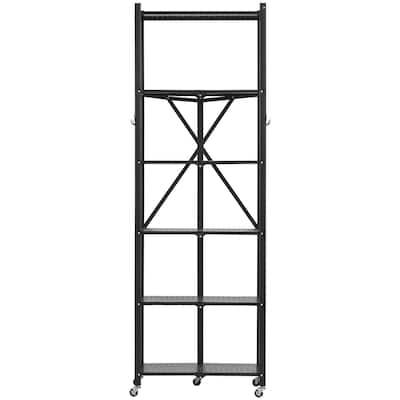 Black Carbon Steel 6 Tier Folding Storage Shelf with Wheels and Space-Saving Design - 12 x 24 x 72 in