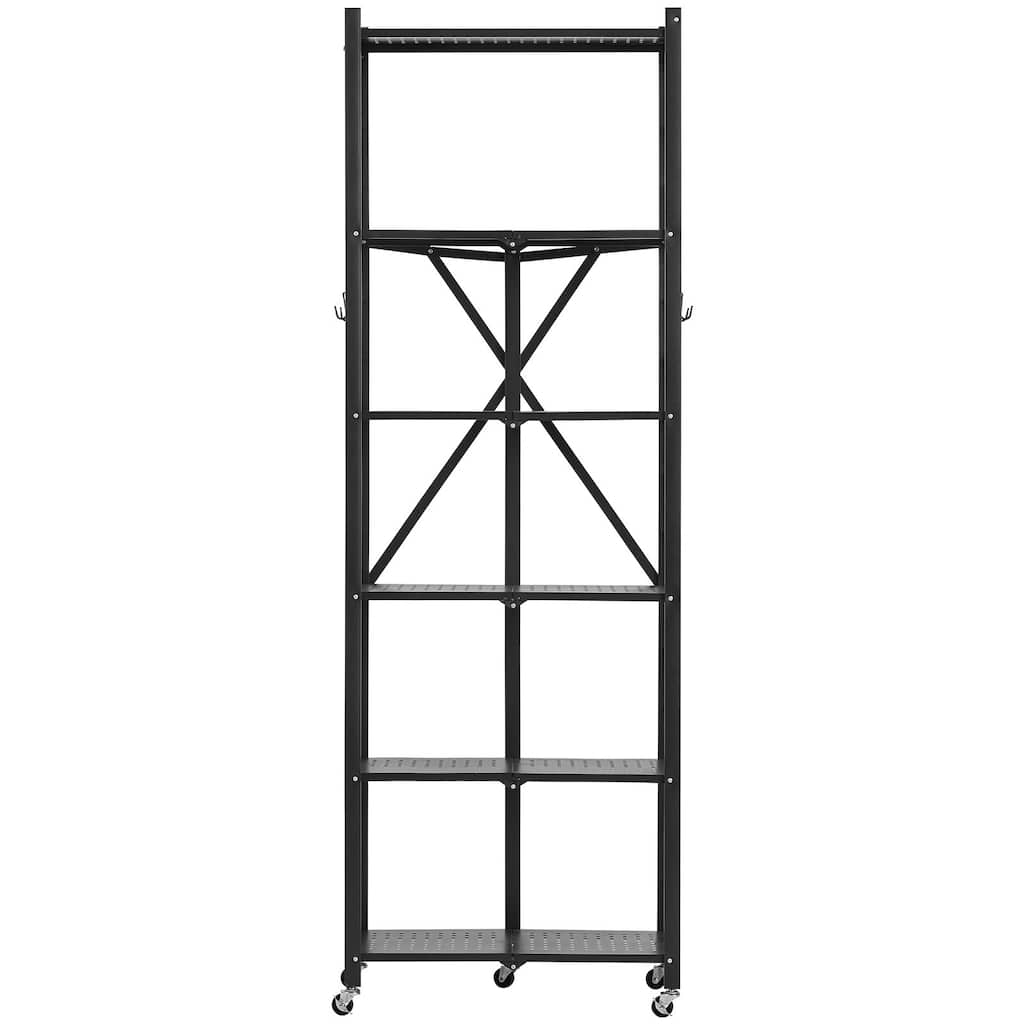 Black Carbon Steel 6 Tier Folding Storage Shelf with Wheels and Space-Saving Design - 12 x 24 x 72 in