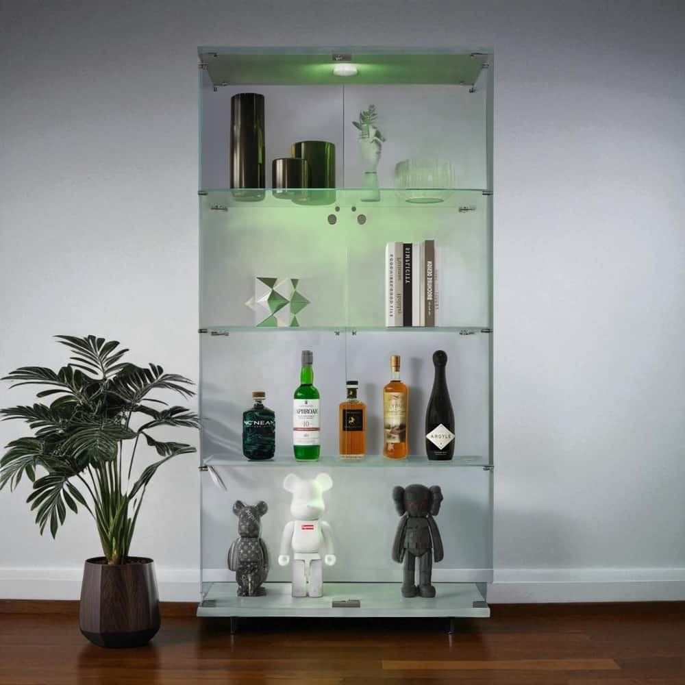 Lighted Two-Door Glass Display Cabinet with 4 Shelves, Tempered Glass and Security Lock
