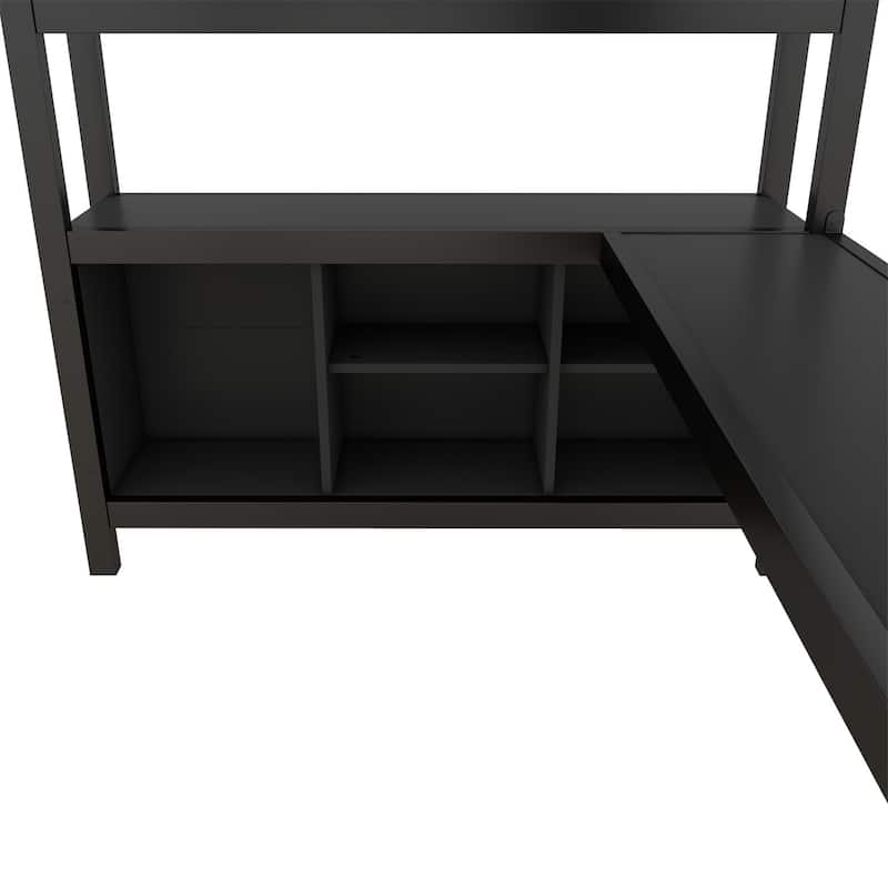 Full Size Metal Loft Bed Frame with Storage Wardrobe, L-Shaped Desk