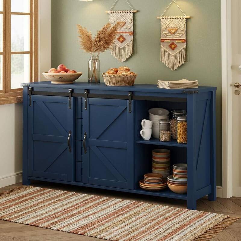 Farmhouse Sideboard Cabinet with Sliding Barn Doors, Power Outlet & 4 Drawers by Harper&Bright Designs - Navy Blue