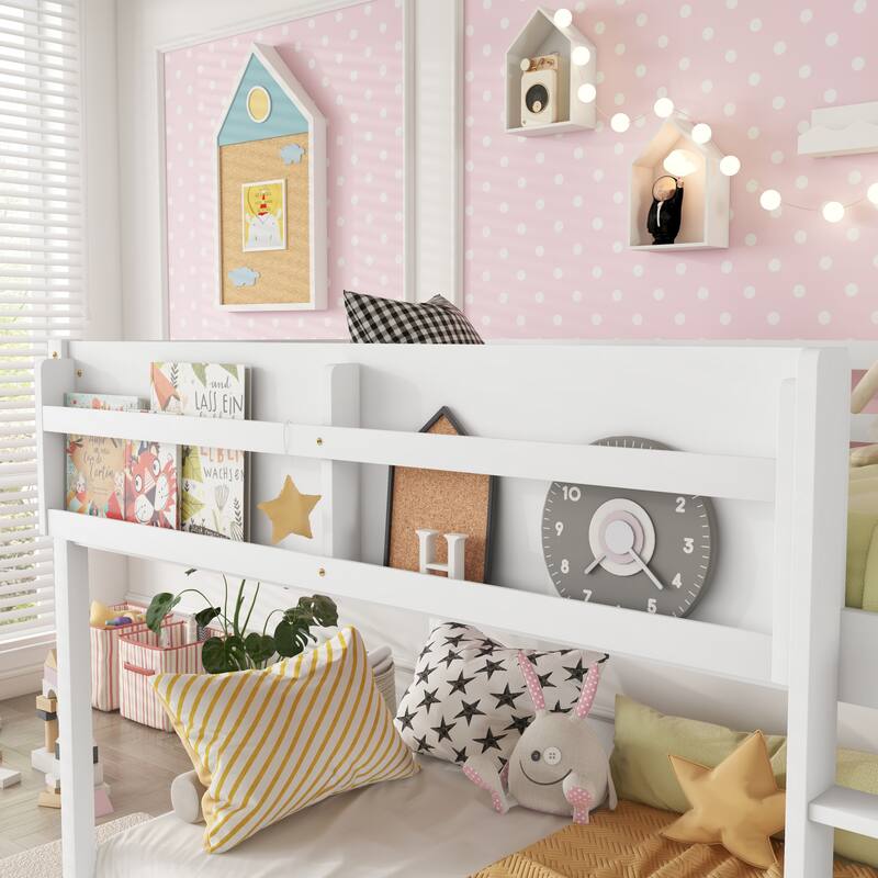 Roomfitters Twin Over Twin Bunk Bed, Low Floor Loft Platform Bed and Shelf with Wooden Frame for Bedroom