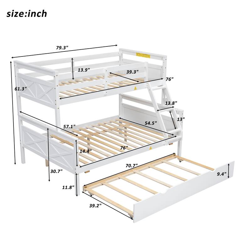 Twin Over Full Bunk Bed With Ladder, Twin Size Trundle, Safety Guardrail