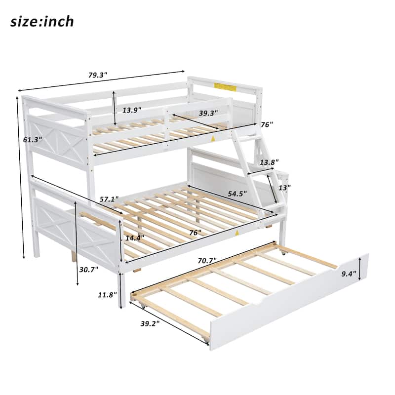 Twin Over Full Bunk Bed w/Ladder, Twin Size Trundle, Safety Guardrail