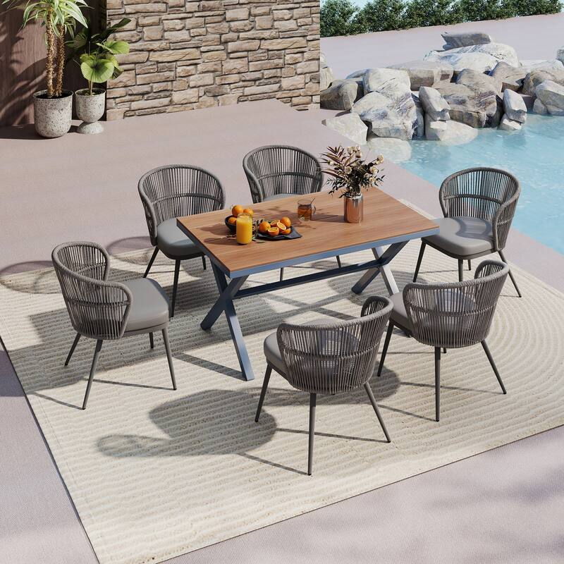 Outdoor 7-Piece Dining Chair with Shell-Shaped backrest and Table Set