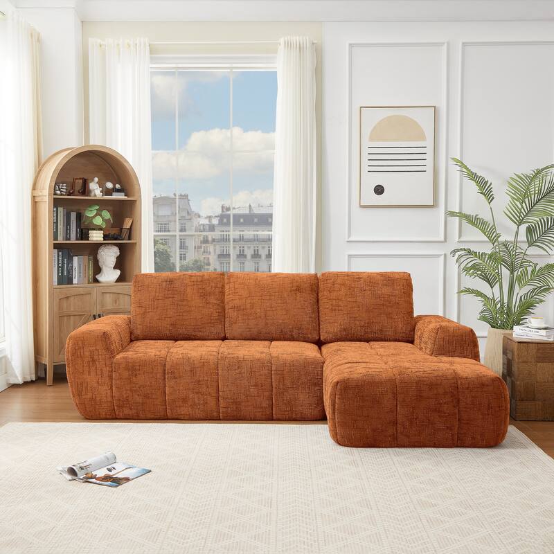 100" Modern Compression Sofa - Chenille L-Shaped Couch with Removable Pillows, No Assembly Required for Living Room - Orange