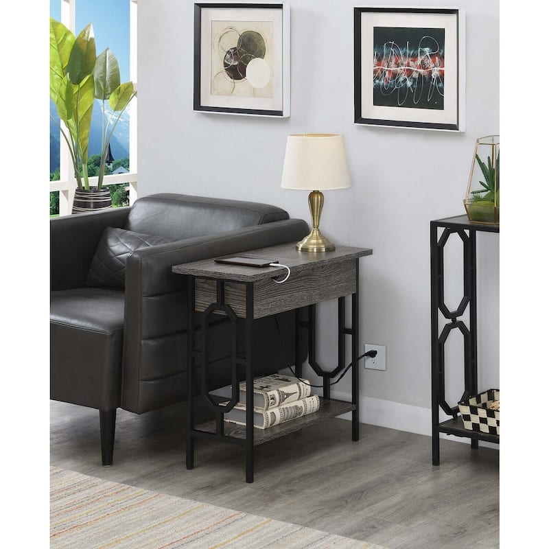 Compact Flip Top End Table with Built In Charging Station, USB Ports, Outlets and Extra Shelf for Modern Living - 23.5