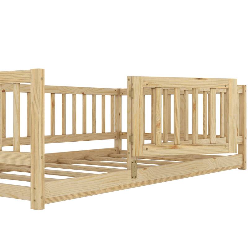 Kids Montessori Floor Bed for Kids, Girls, Boys, Solid Wood Floor Bed Frame with Fence and Door, No Box Spring Needed